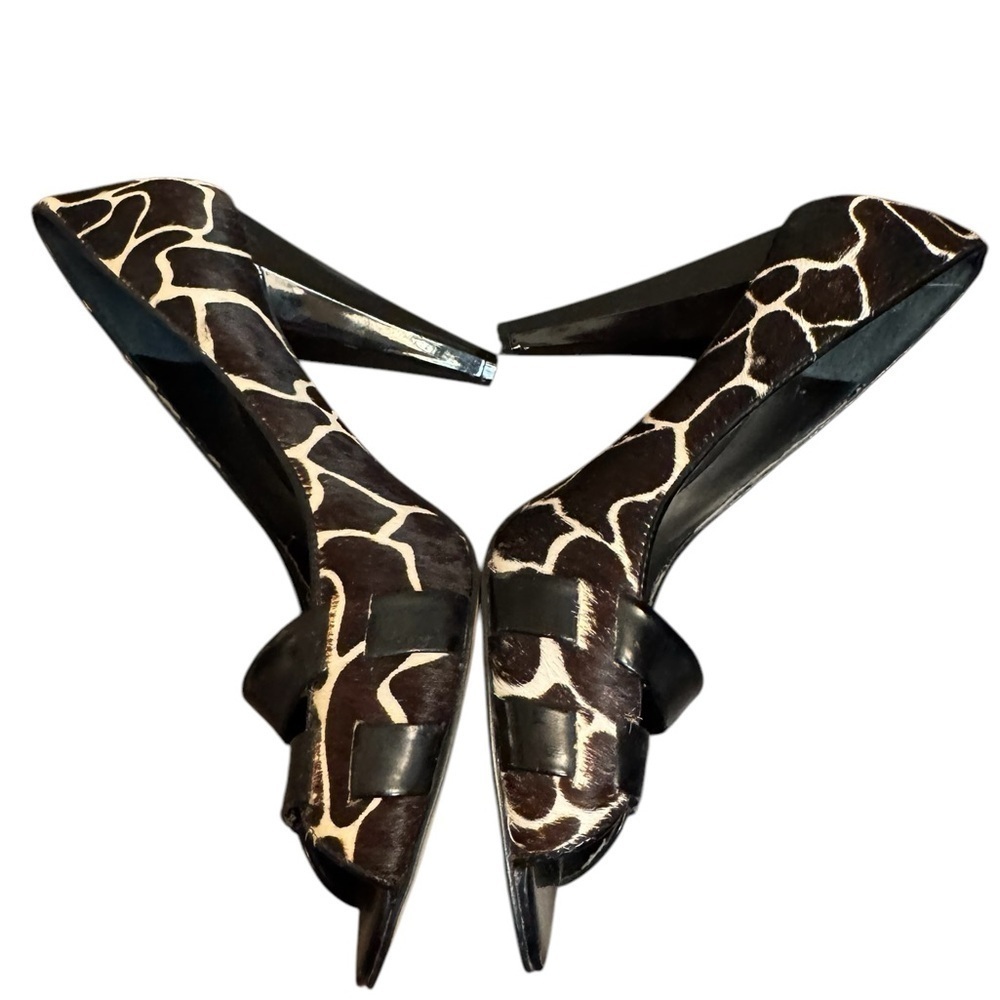 NINE WEST West leather upper size 7.5 pony hair giraffe print open toe heel EUC